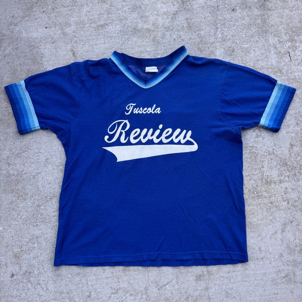 Vintage 80s Howe Athletic Apparel Tuscola Review Jersey Blue Mens Large USA